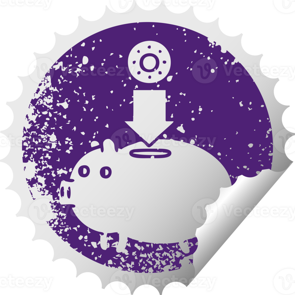 distressed circular peeling sticker symbol of a piggy bank png