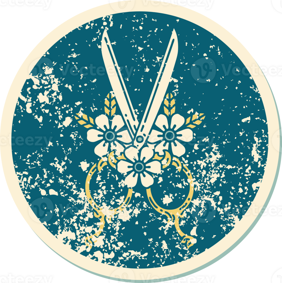 iconic distressed sticker tattoo style image of barber scissors and flowers png