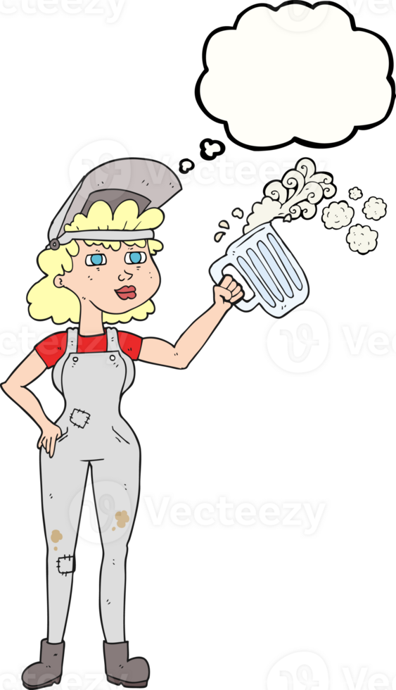 hand drawn thought bubble cartoon hard working woman with beer png