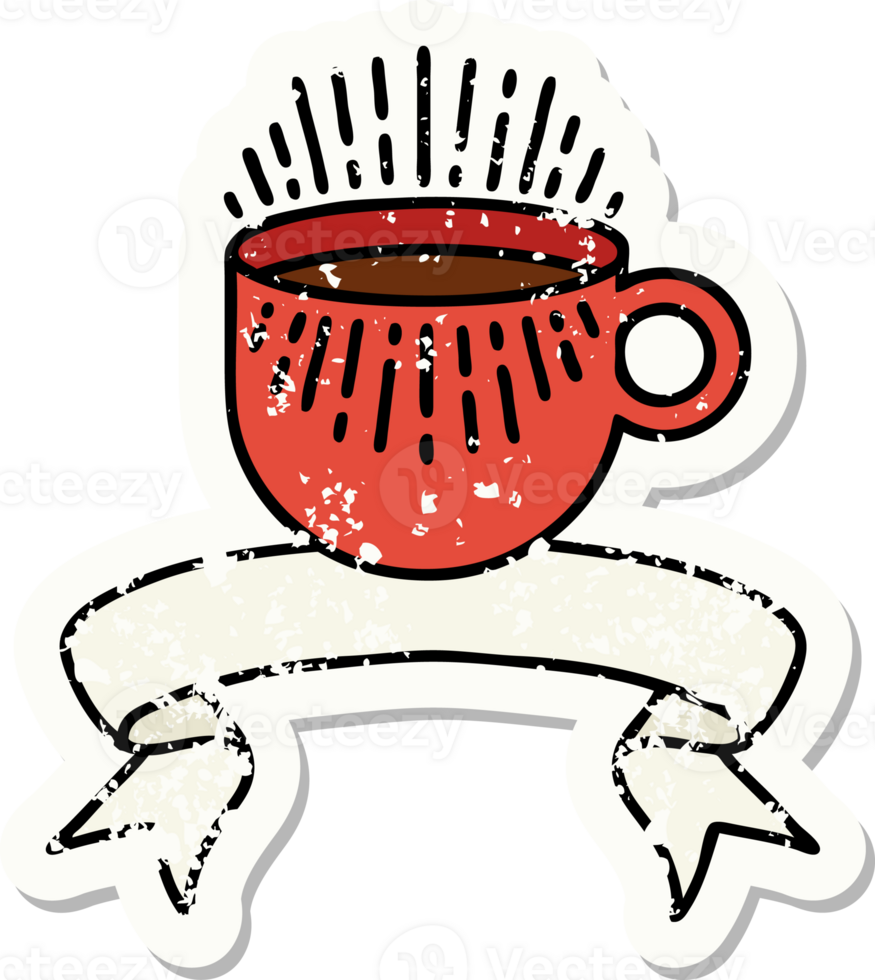 worn old sticker with banner of cup of coffee png