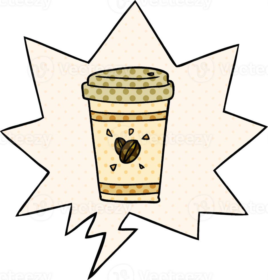 cartoon cup of takeout coffee with speech bubble in comic book style png