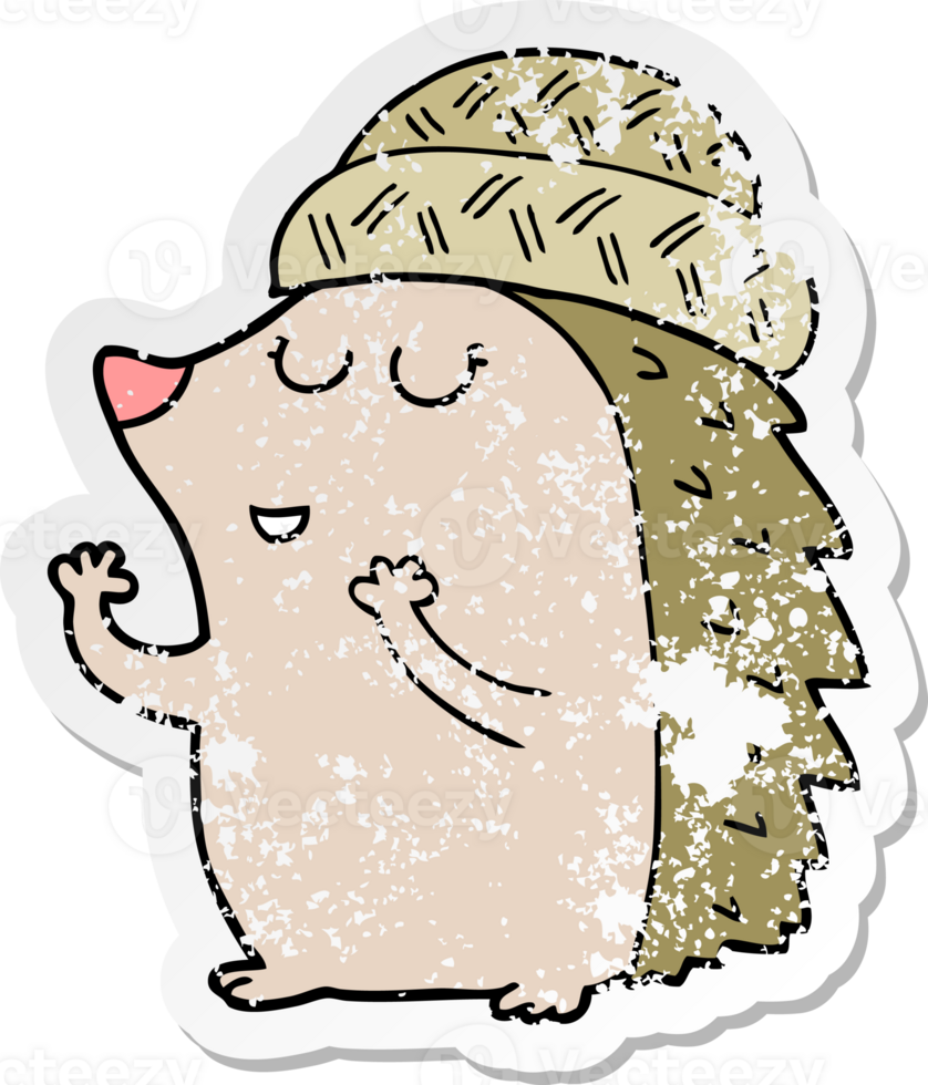 distressed sticker of a cartoon hedgehog wearing hat png