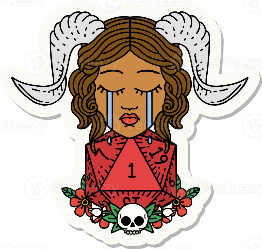 sticker of a sad tiefling with natural one d20 dice roll png