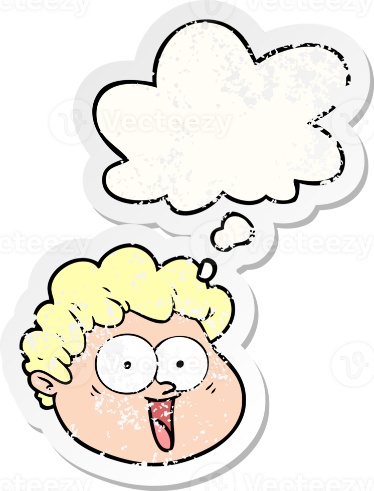 cartoon male face with thought bubble as a distressed worn sticker png