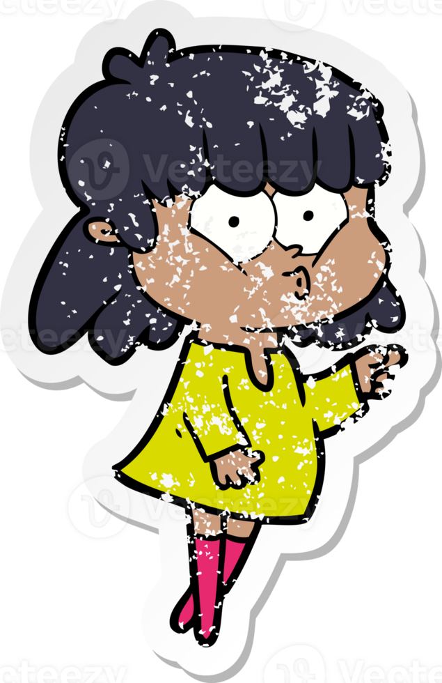 distressed sticker of a cartoon whistling girl png