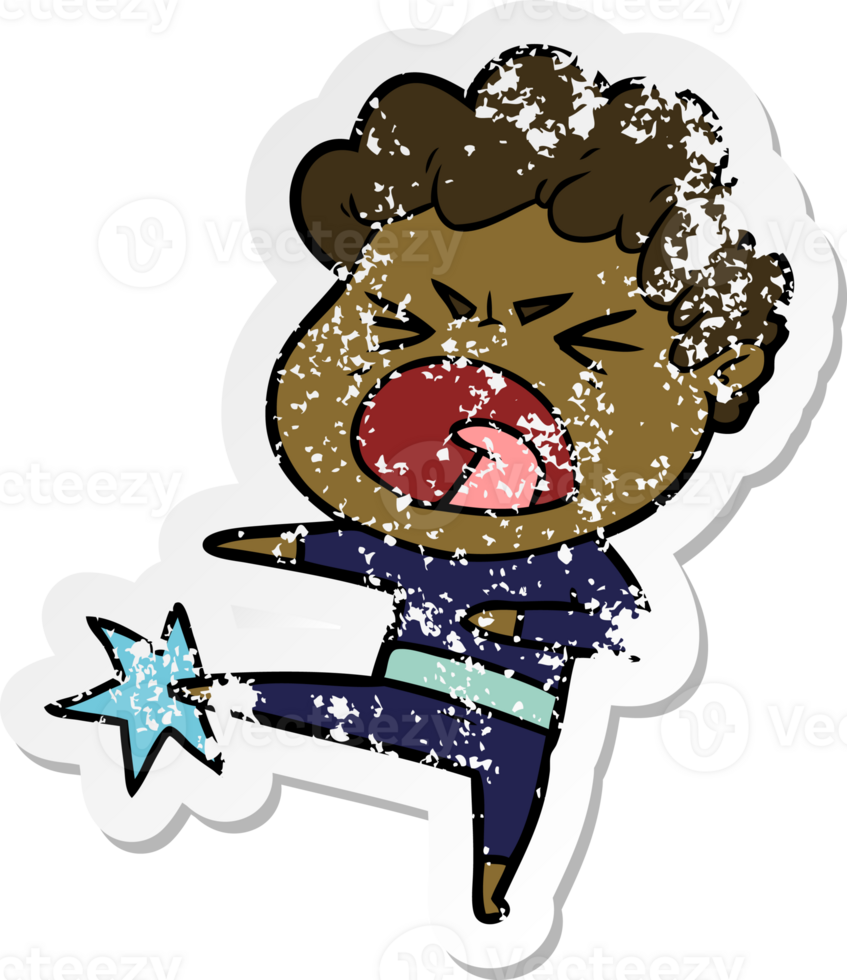 distressed sticker of a cartoon furious man png