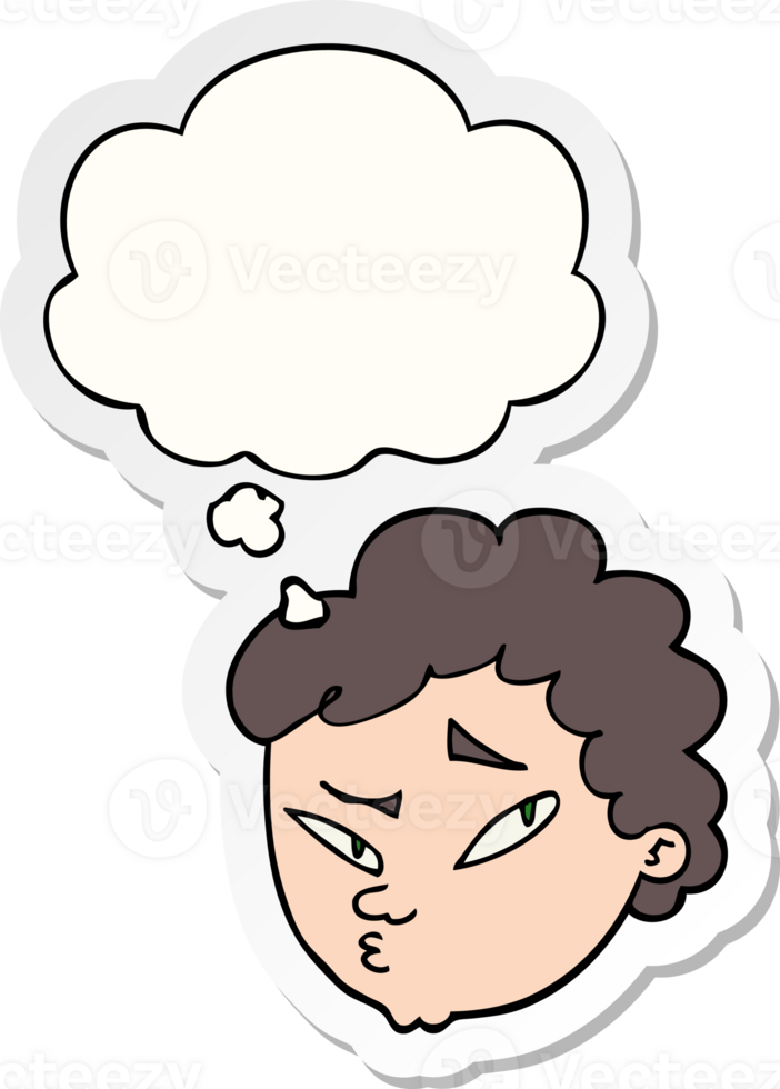 cartoon suspicious man with thought bubble as a printed sticker png