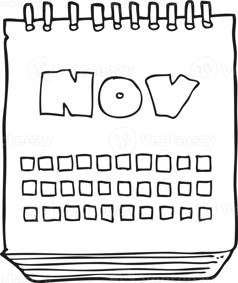 hand drawn black and white cartoon calendar showing month of november png