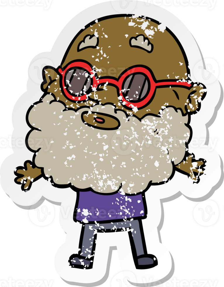 distressed sticker of a cartoon curious man with beard and sunglasses png