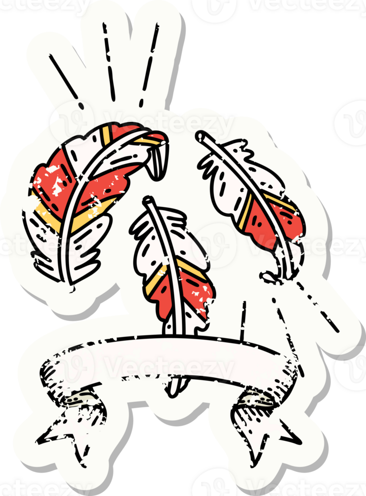 worn old sticker of a tattoo style feathers floating png