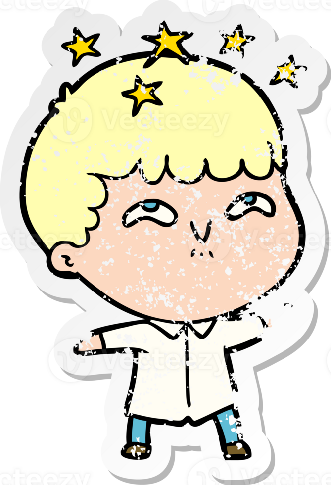 distressed sticker of a cartoon amazed boy png