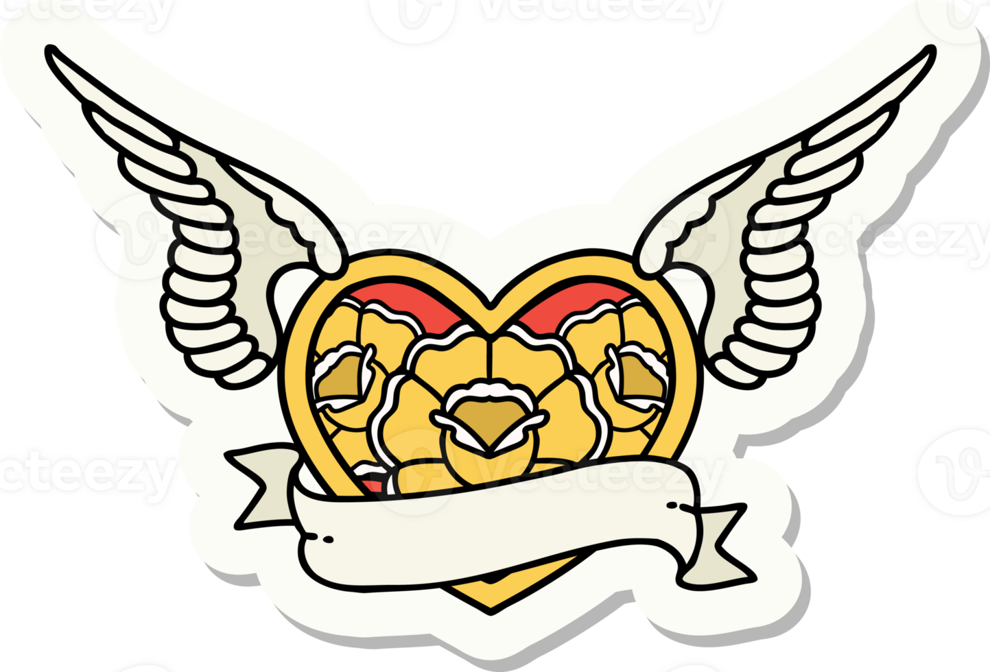 sticker of tattoo in traditional style of a flying heart with flowers and banner png