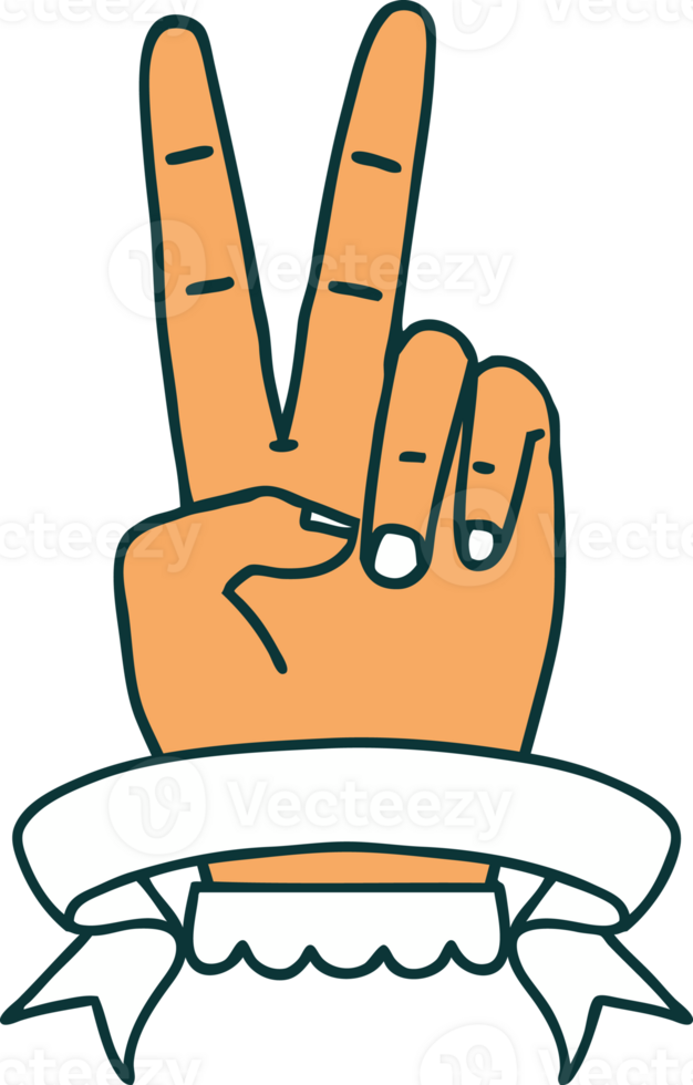 Retro Tattoo Style peace two finger hand gesture with banner png