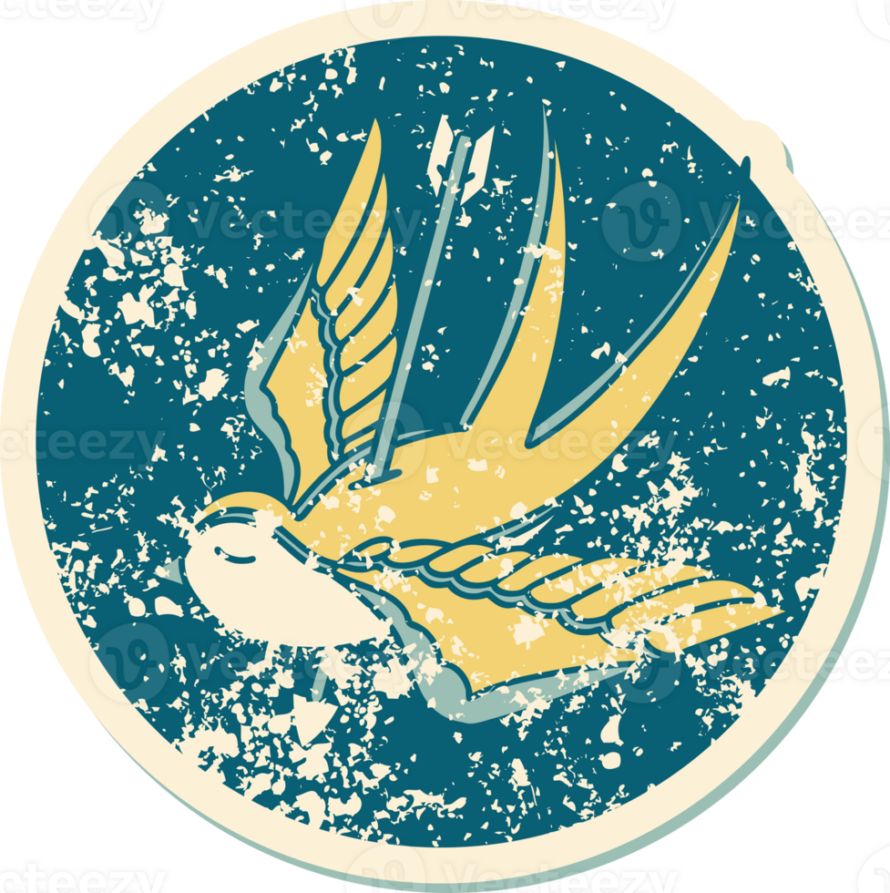 iconic distressed sticker tattoo style image of a swallow pierced by arrow png