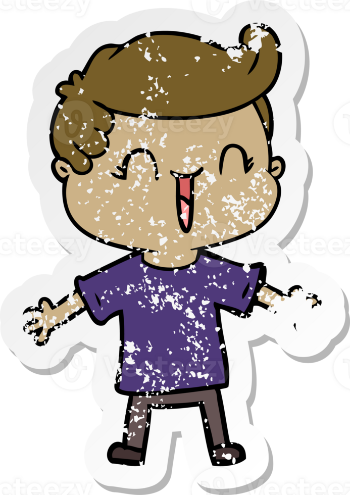 distressed sticker of a cartoon laughing boy png