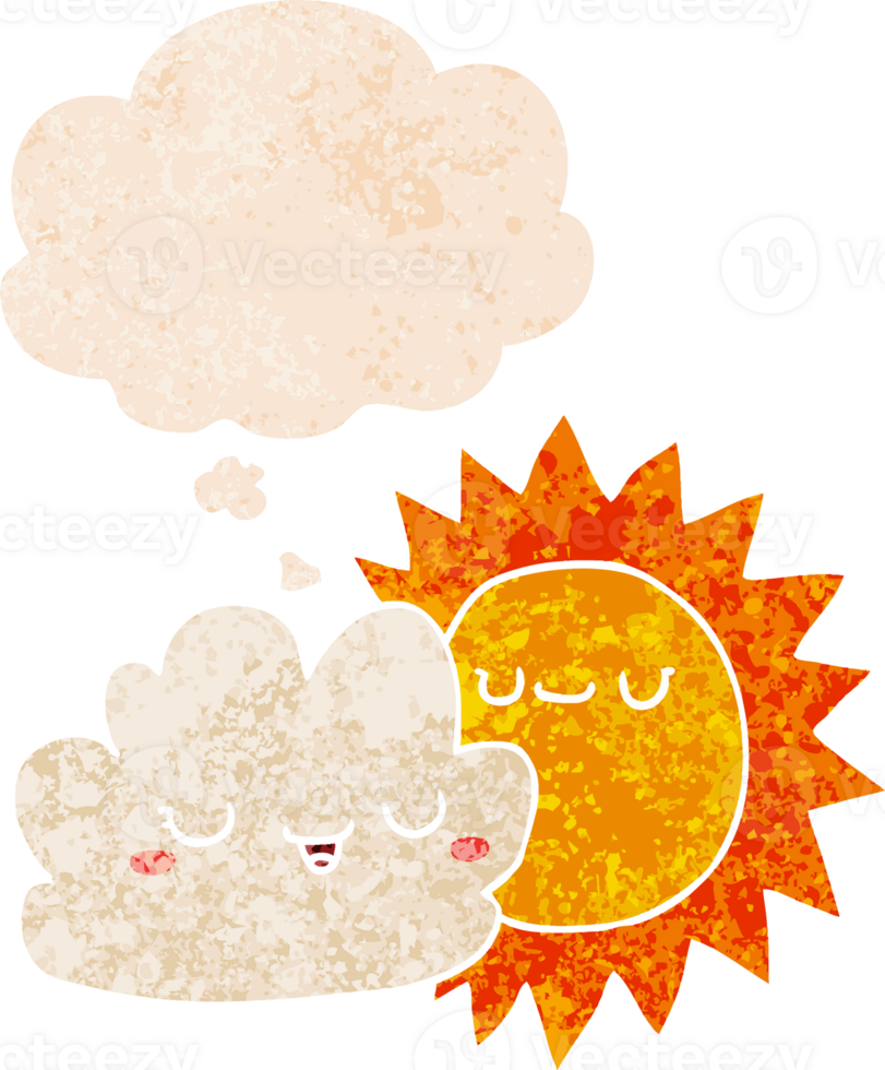 cartoon sun and cloud with thought bubble in grunge distressed retro textured style png