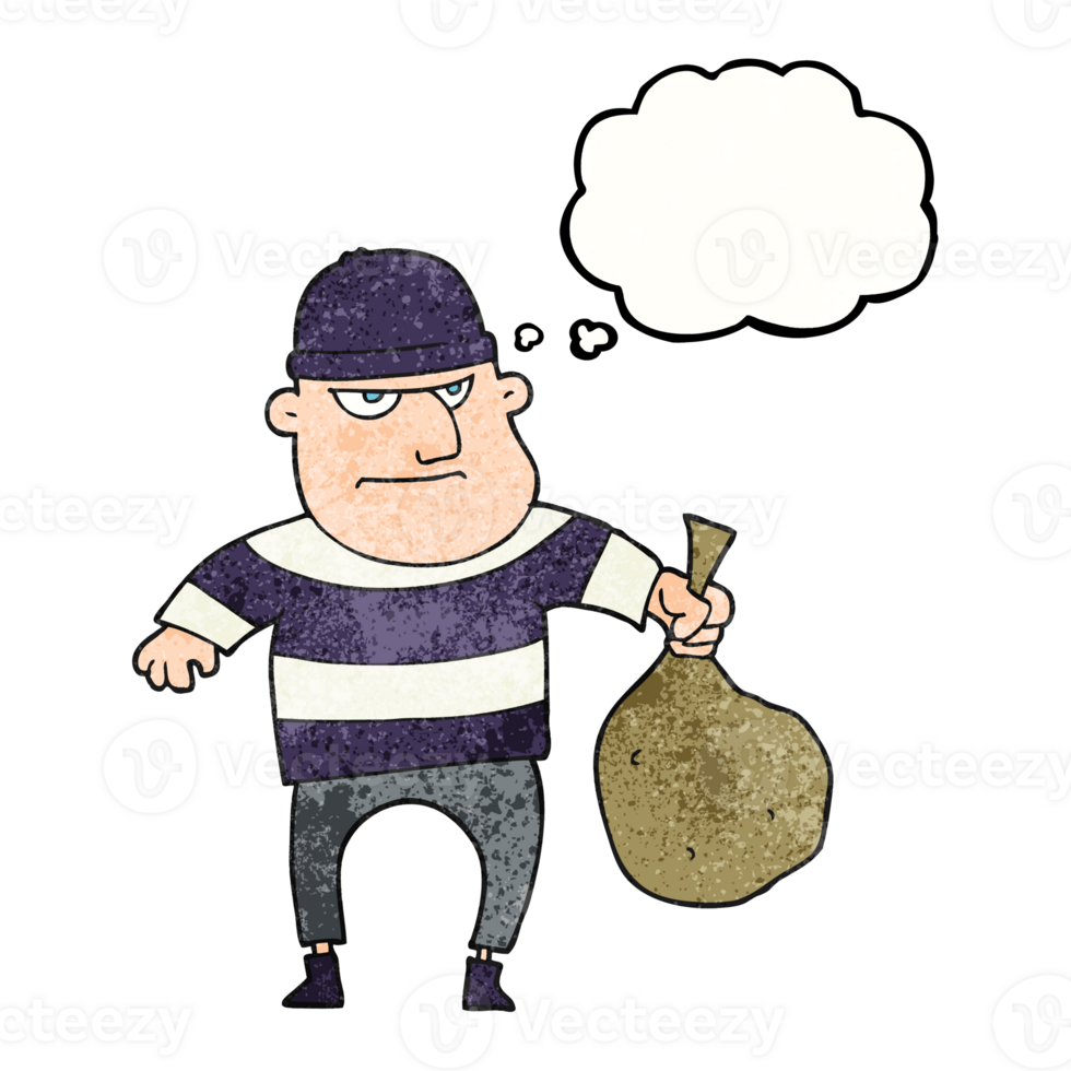 hand drawn thought bubble textured cartoon burglar with loot bag png