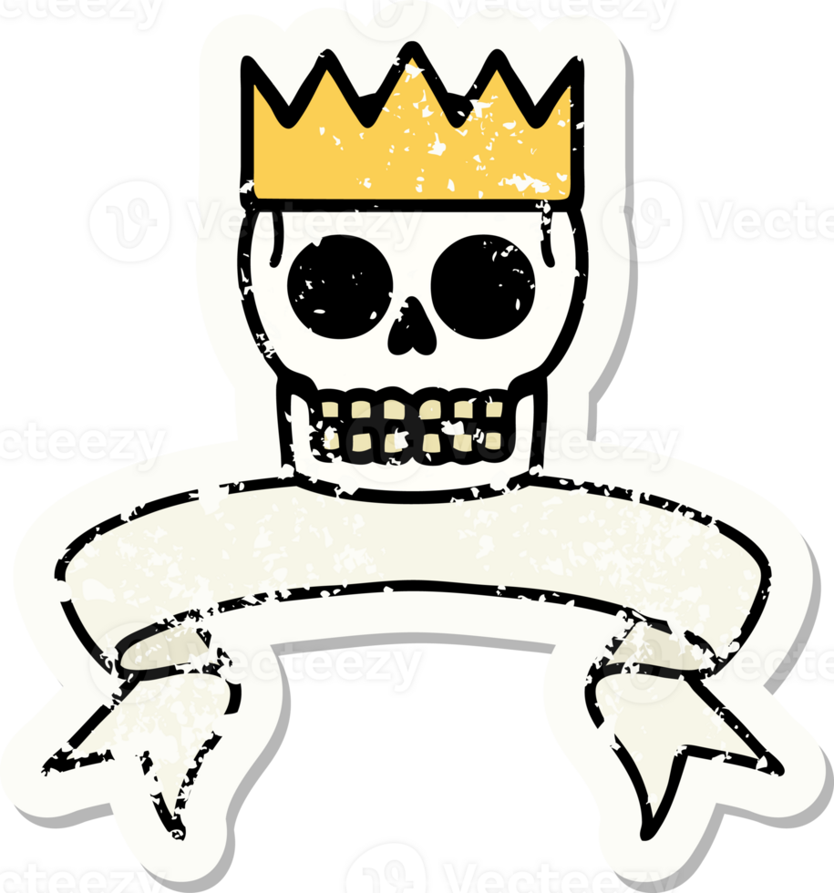 worn old sticker with banner of a skull and crown png