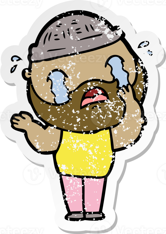 distressed sticker of a cartoon bearded man crying png