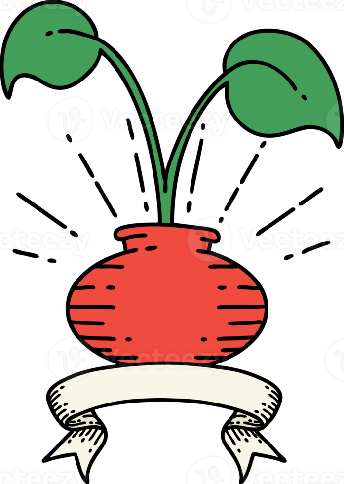 scroll banner with tattoo style houseplant in vase png