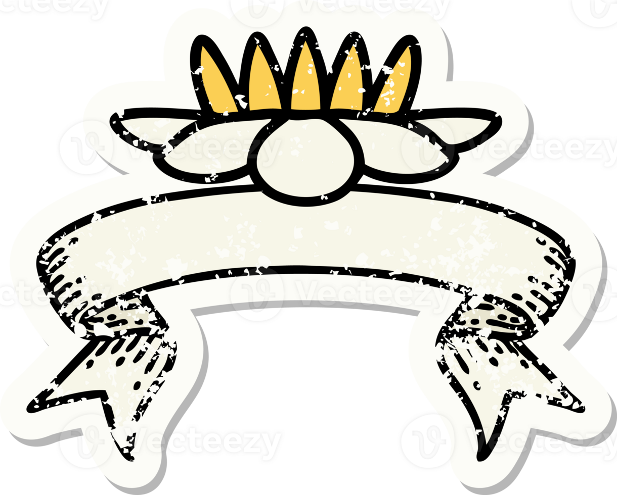 worn old sticker with banner of a lily pad flower png