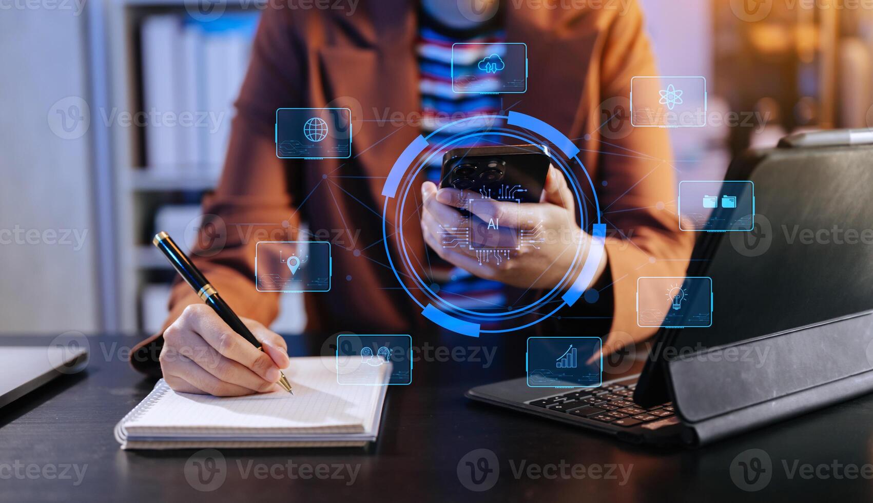Woman hands using chatbot in computer and tablet smart intelligence Ai.Chat with AI Artificial Intelligence, developed by OpenAI generate. photo
