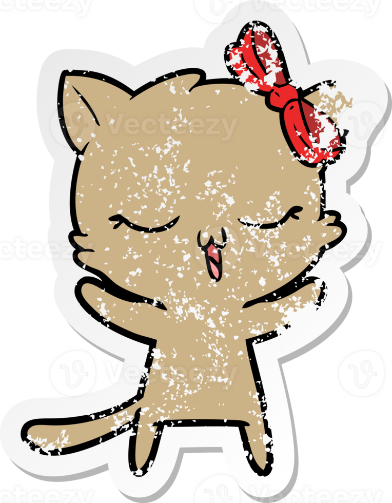 distressed sticker of a cartoon cat with bow on head png
