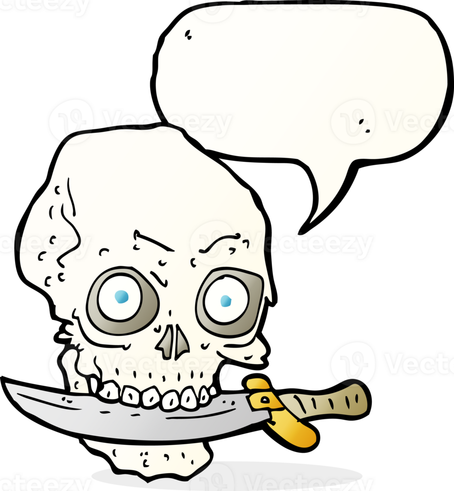 cartoon pirate skull with knife in teeth with speech bubble png