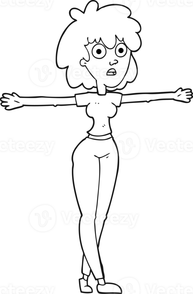 hand drawn black and white cartoon woman spreading arms png