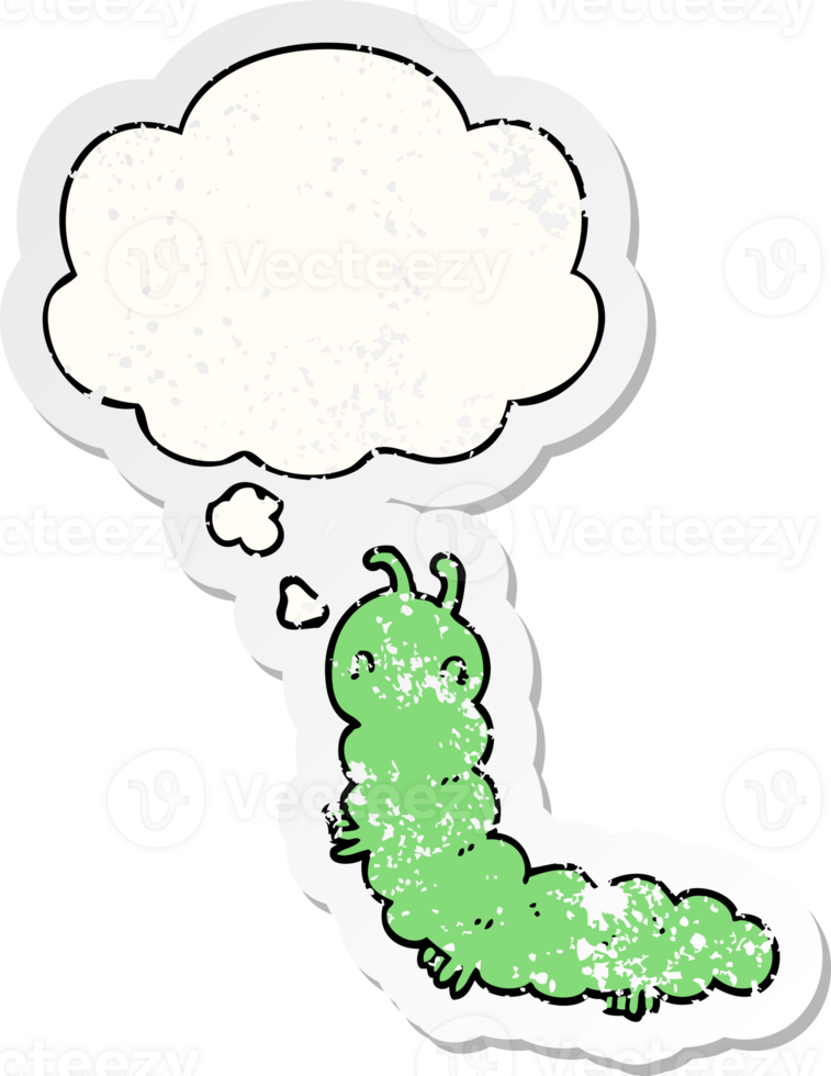 cartoon caterpillar with thought bubble as a distressed worn sticker png