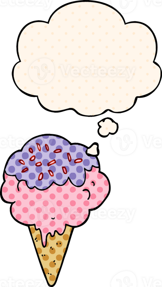 cartoon ice cream with thought bubble in comic book style png