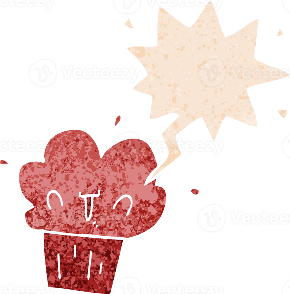 cartoon cupcake with speech bubble in grunge distressed retro textured style png