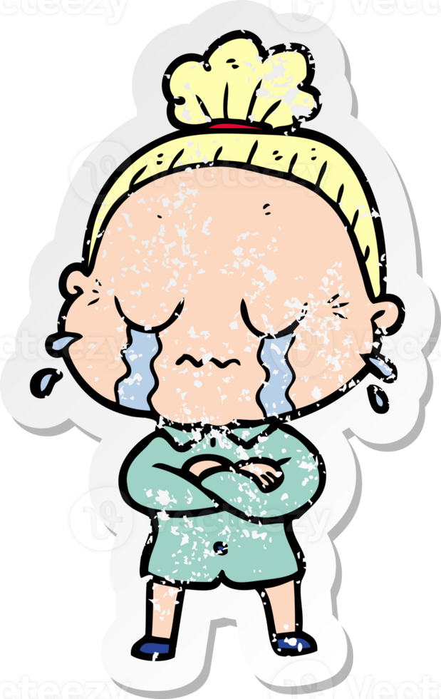 distressed sticker of a cartoon crying old lady png