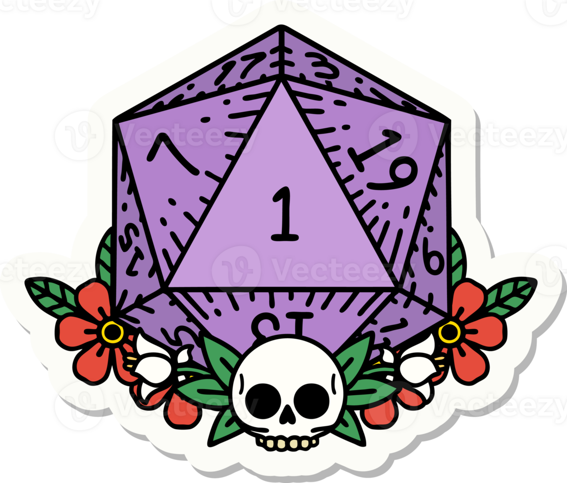 sticker of a natural one dice roll with floral elements png