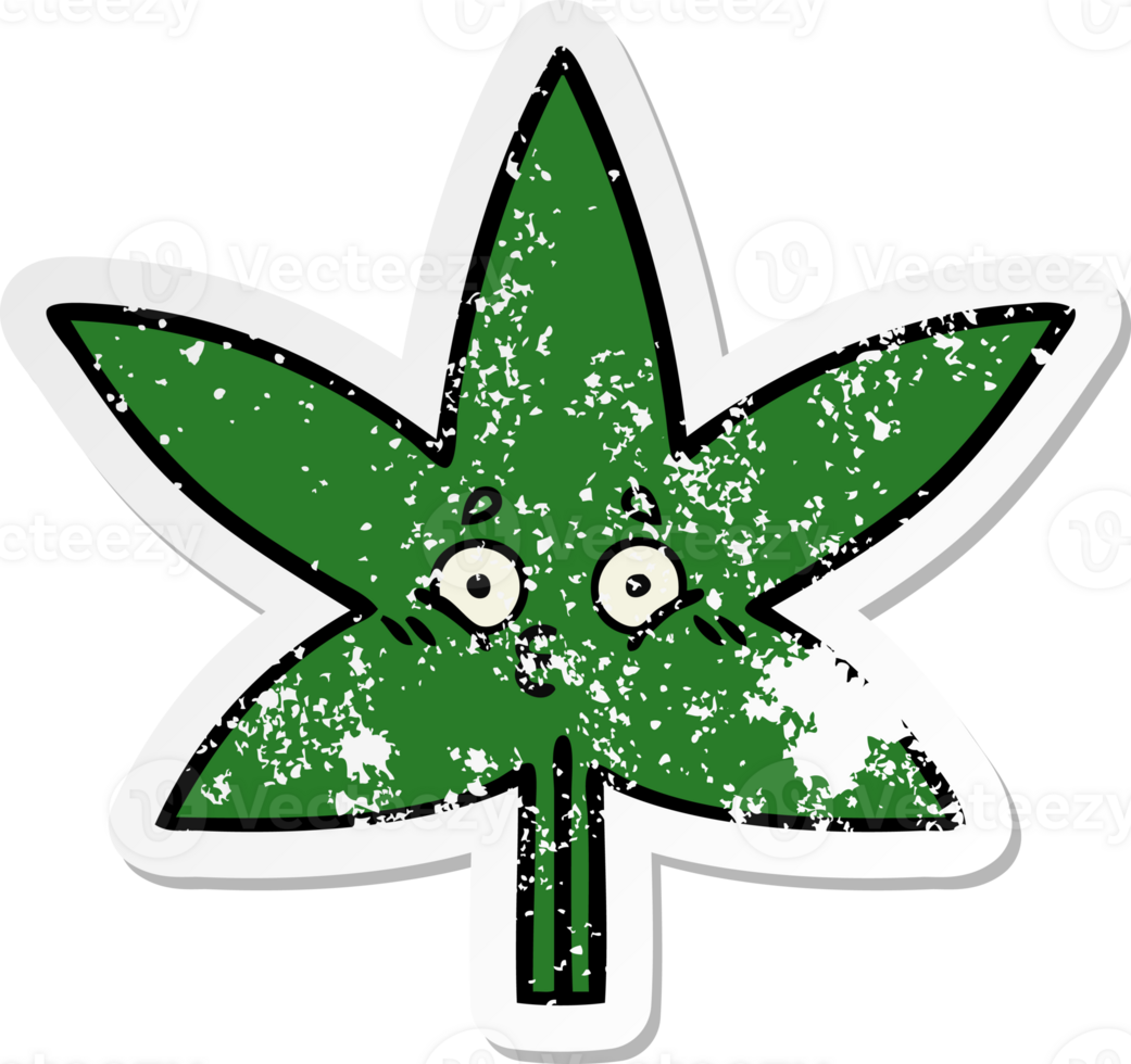 distressed sticker of a cute cartoon marijuana leaf png