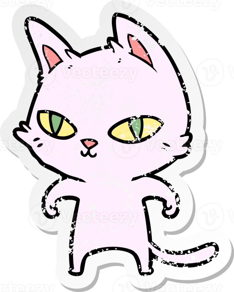 distressed sticker of a cartoon cat with bright eyes png