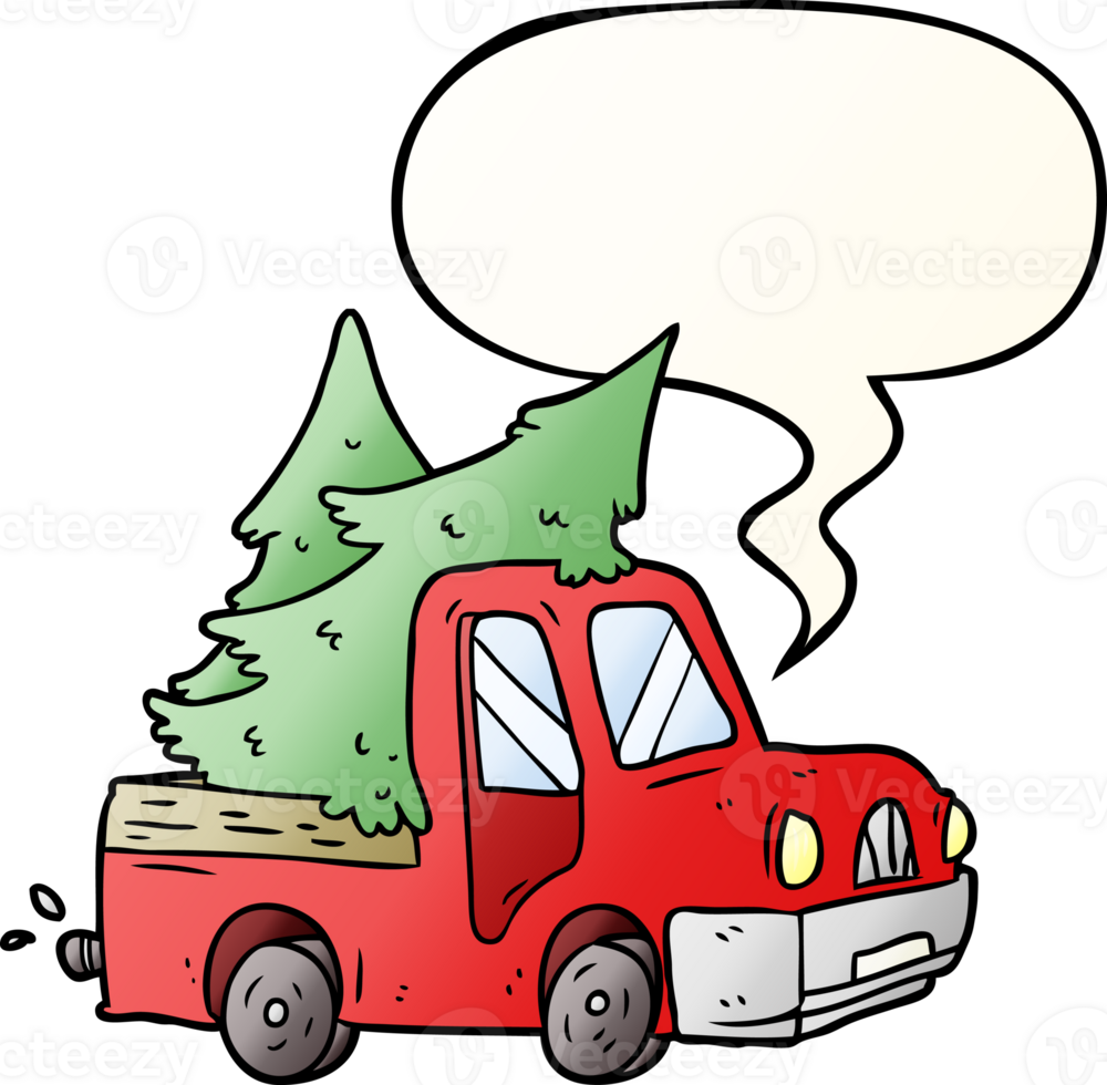 cartoon pickup truck carrying christmas trees with speech bubble in smooth gradient style png
