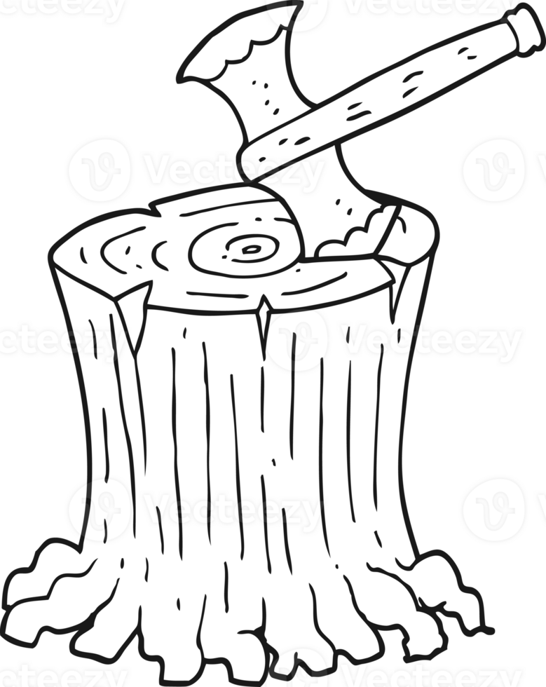 hand drawn black and white cartoon axe in tree stump png