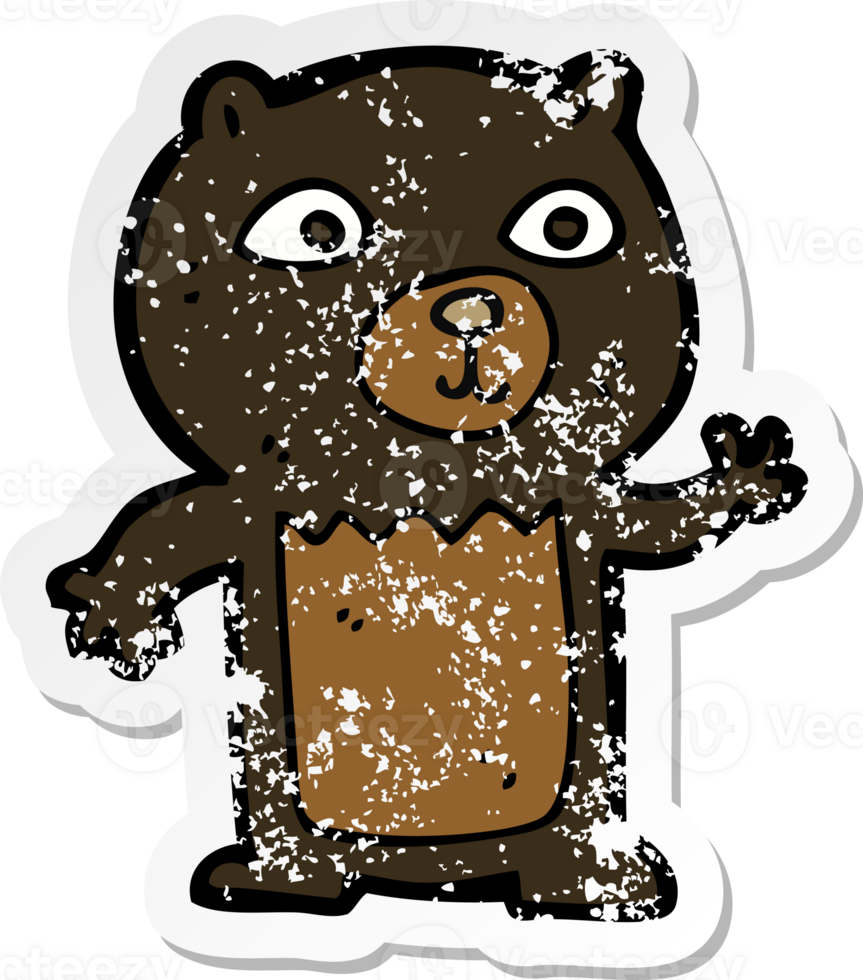 retro distressed sticker of a cartoon waving black bear cub png