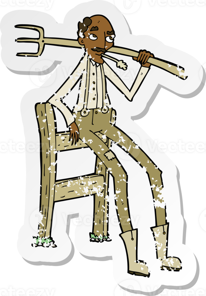 retro distressed sticker of a cartoon old farmer leaning on fence png