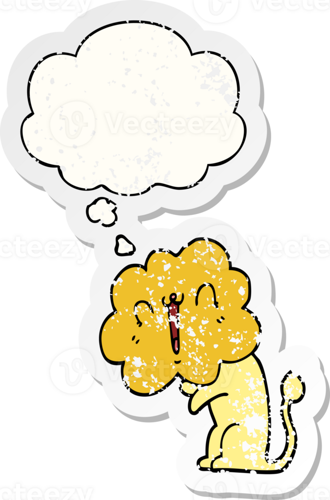 cute cartoon lion with thought bubble as a distressed worn sticker png