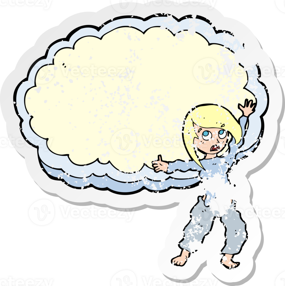 retro distressed sticker of a cartoon stressed out woman in front of cloud png