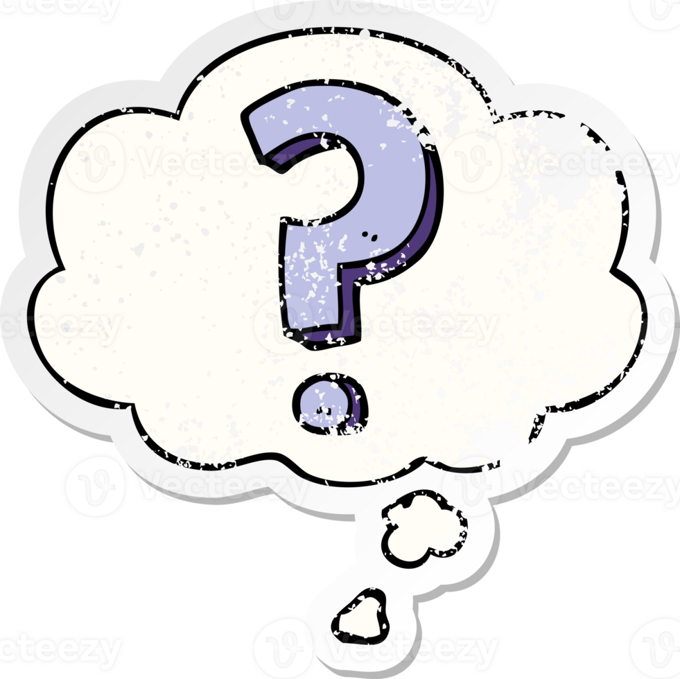 cartoon question mark with thought bubble as a distressed worn sticker png