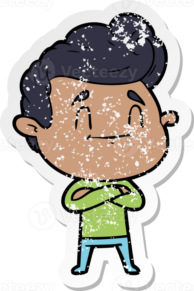 distressed sticker of a happy cartoon man png