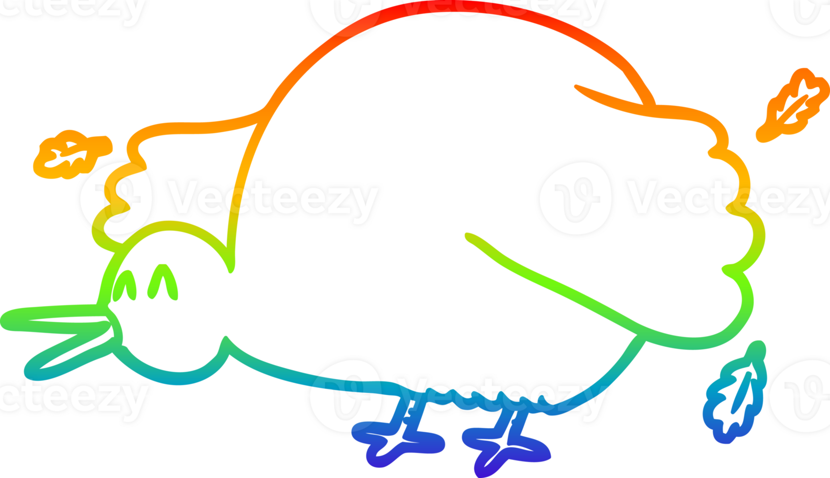rainbow gradient line drawing of a cartoon kiwi bird flapping wings png