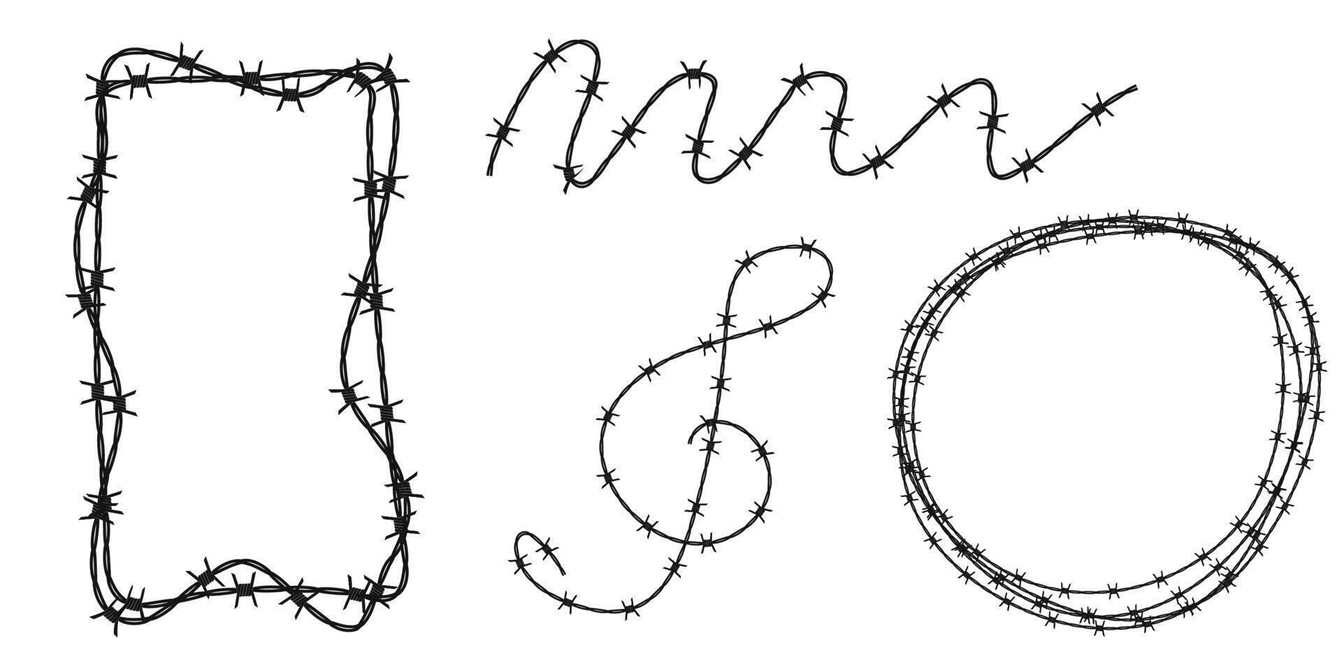 Twisted barbed wire silhouettes set in rounded and square shapes. illustration of steel black wire barb fence frames. Concept of protection, danger or security vector