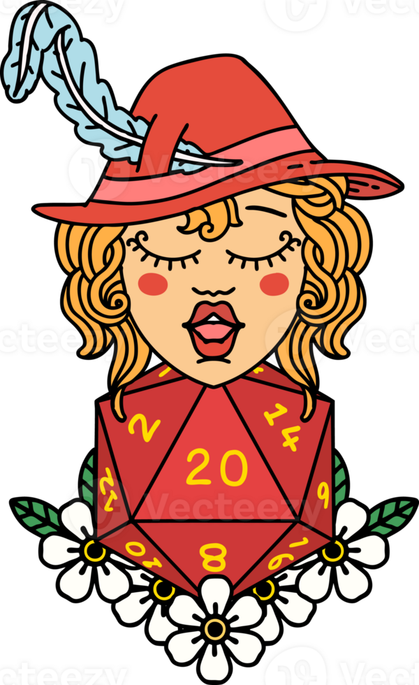 Retro Tattoo Style human bard with natural 20 dice roll png