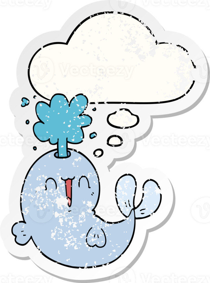 cartoon whale spouting water with thought bubble as a distressed worn sticker png