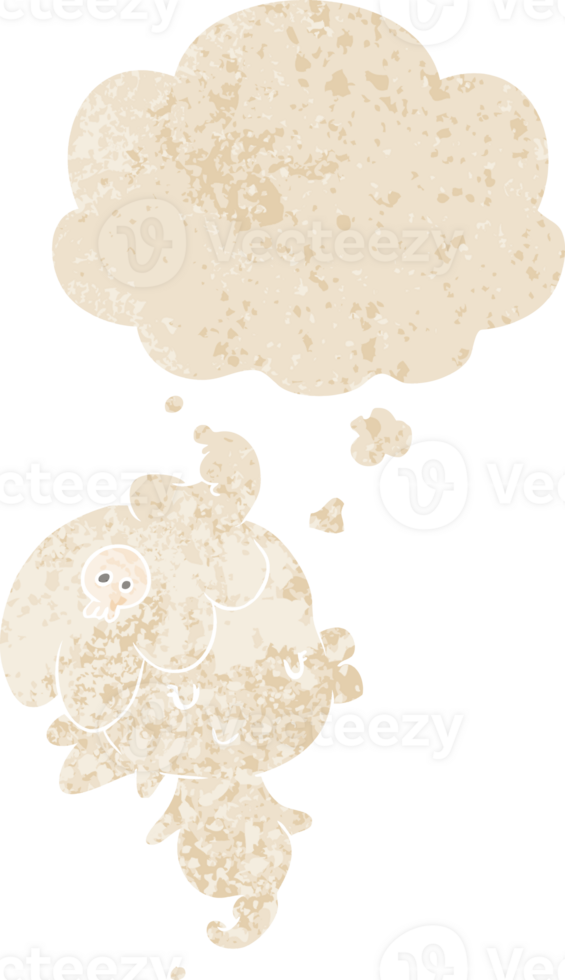 cartoon ghost with thought bubble in grunge distressed retro textured style png