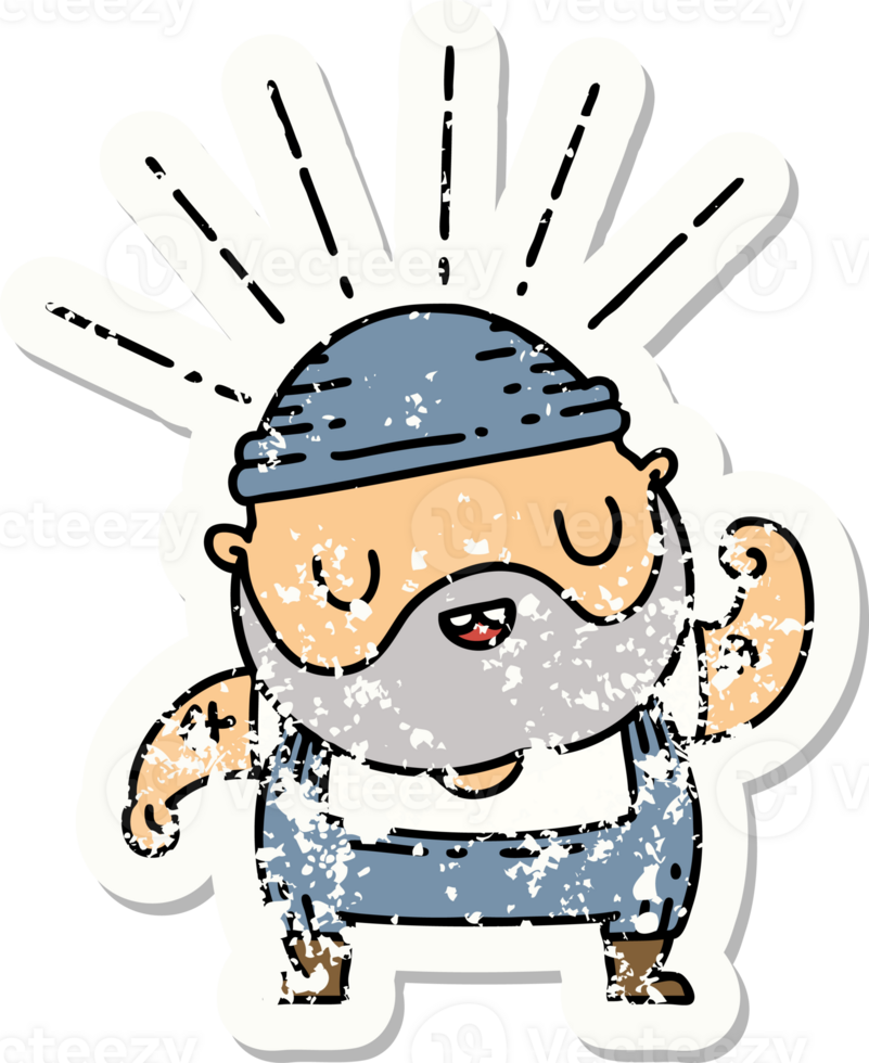 worn old sticker of a tattoo style bearded man flexing bicep png